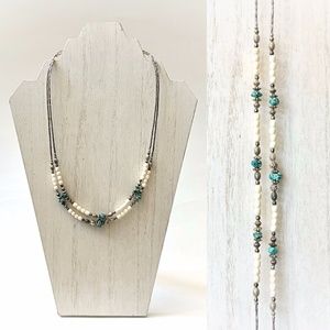 VTG Silver Toned Faux Turquoise Ivory Beaded Double Strand Necklace
